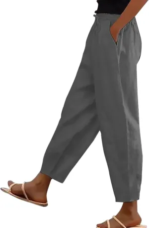 Linen Pants Women Summer Straight Leg High Elastic Waist Trousers with Pockets Drawstring Palazzo Pants