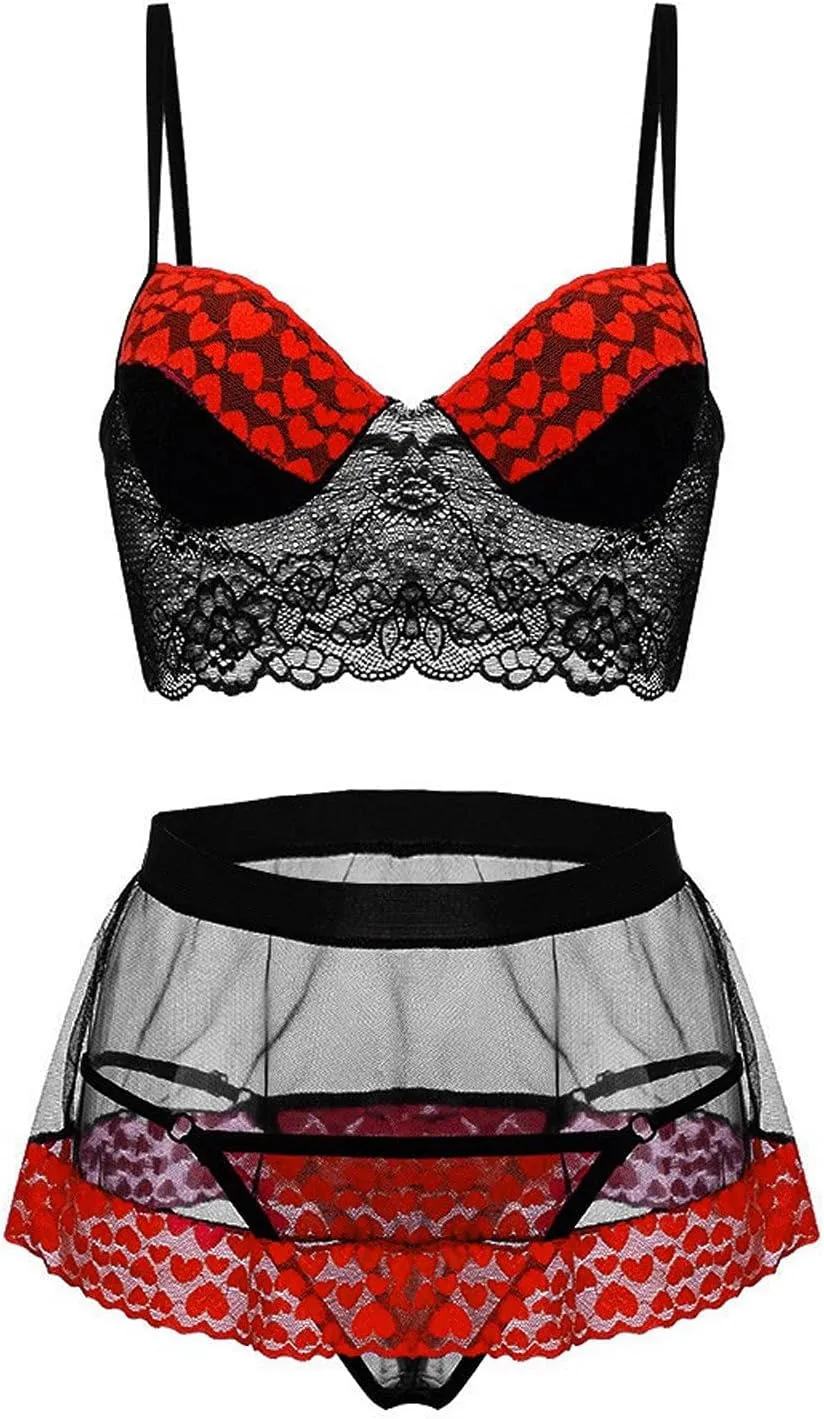 Lingerie Set for Women Sexy Bra Mini Skirt with G-String Mesh Lace Babydoll Bralette Panty Lingerie Set