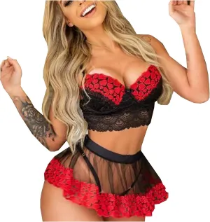 Lingerie Set for Women Sexy Bra Mini Skirt with G-String Mesh Lace Babydoll Bralette Panty Lingerie Set