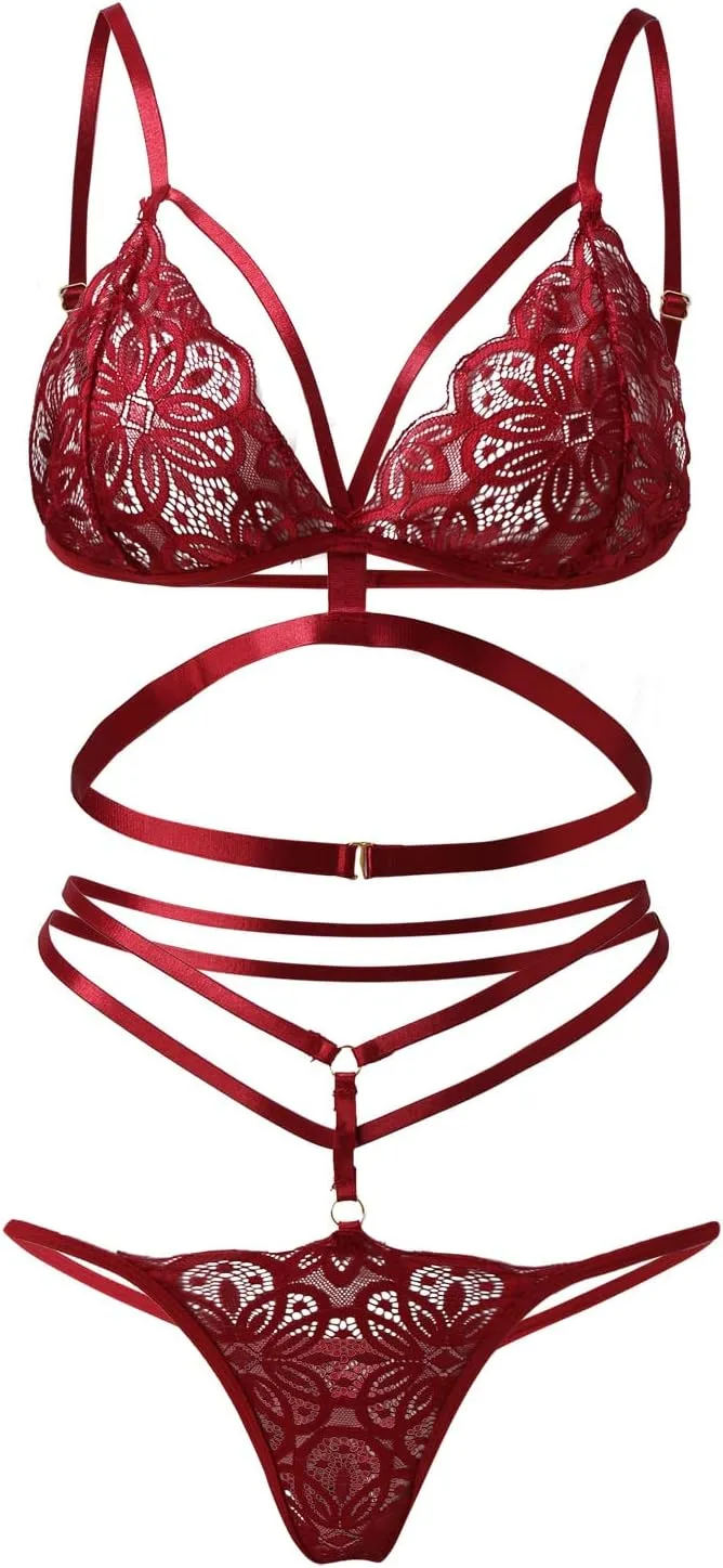 Lingerie Sets for Women Sexy 2 Piece Lace Embroidered Hollow Bra Spaghetti Strap Underwear Semi Sheer Panties