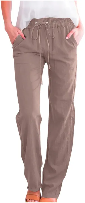 Lmdudan 2025 Cotton Linen Pants for Women Straight Leg Drawstring Long Trousers Loose Elastic Waist Work Pants with Pockets