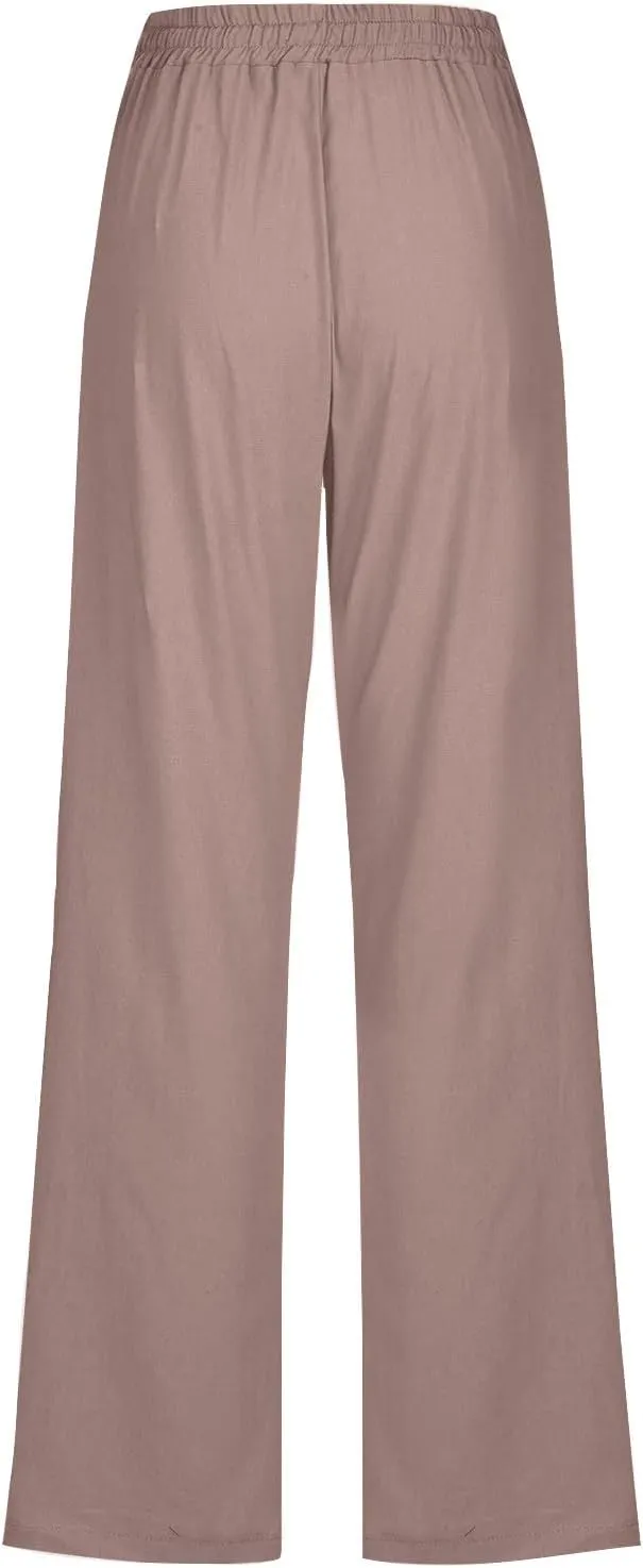 Lmdudan 2025 Cotton Linen Pants for Women Straight Leg Drawstring Long Trousers Loose Elastic Waist Work Pants with Pockets