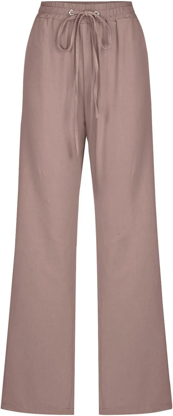 Lmdudan 2025 Cotton Linen Pants for Women Straight Leg Drawstring Long Trousers Loose Elastic Waist Work Pants with Pockets