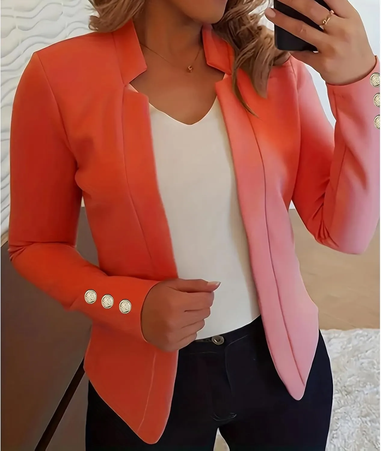 Long Sleeve Blazers for Women Casual Zip Up Open Front Blazers Business Elegant Solid Color Gold Button Blazer