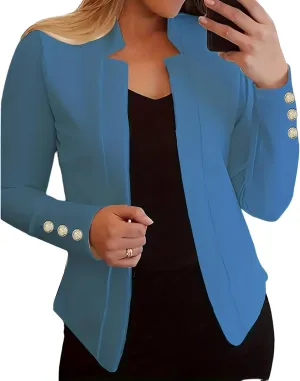 Long Sleeve Blazers for Women Casual Zip Up Open Front Blazers Business Elegant Solid Color Gold Button Blazer