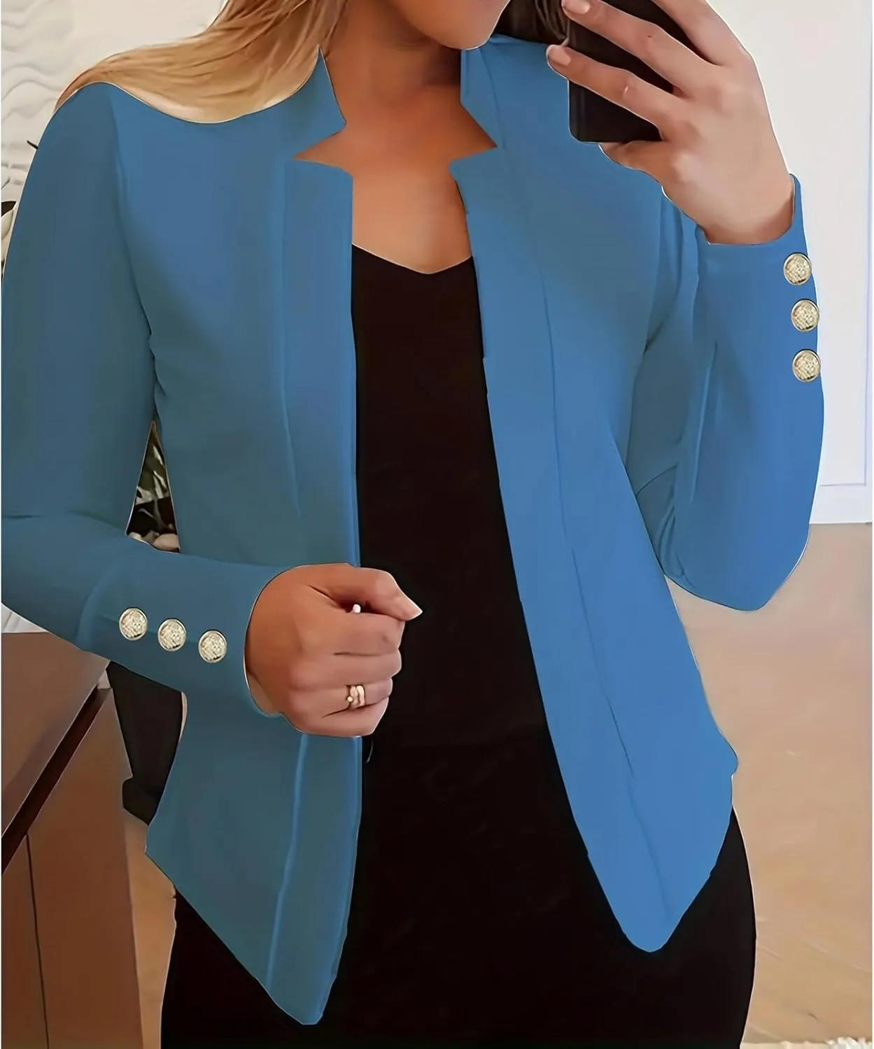 Long Sleeve Blazers for Women Casual Zip Up Open Front Blazers Business Elegant Solid Color Gold Button Blazer