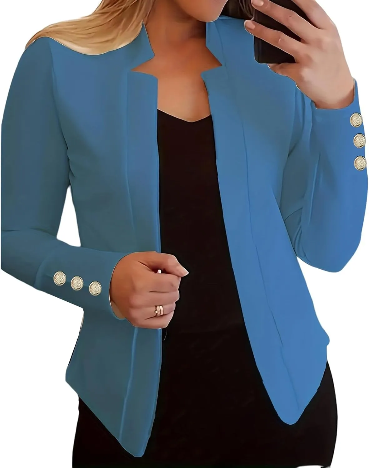 Long Sleeve Blazers for Women Casual Zip Up Open Front Blazers Business Elegant Solid Color Gold Button Blazer