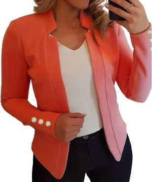 Long Sleeve Blazers for Women Casual Zip Up Open Front Blazers Business Elegant Solid Color Gold Button Blazer