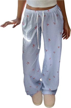 MakeMeChic Women's Y2K Bow Striped Pants Elastic Waist Pants Drawstring Straight Leg Trousers Blue X-Small
