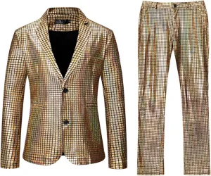 Men 2 Piece Shiny Sequin Blazer Fashion Tuxedo Party Dinner Prom Outfit Two Button Wedding Suit Jacket Pant