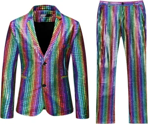 Men 2 Piece Shiny Sequin Blazer Fashion Tuxedo Party Dinner Prom Outfit Two Button Wedding Suit Jacket Pant