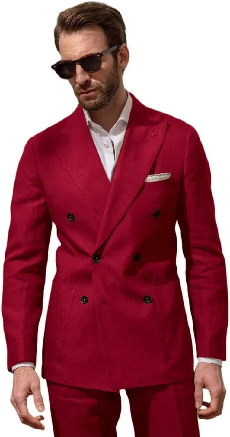 Men Double Breasted Linen Suits 2 Piece Suits for Men Summer Wedding Regular Fit Big and Tall Lightweight
