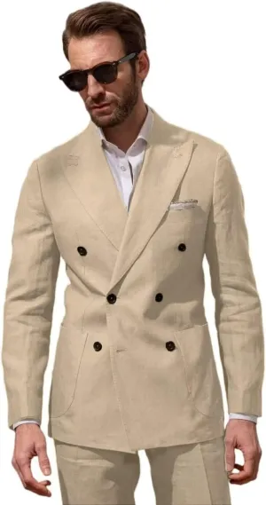 Men Double Breasted Linen Suits 2 Piece Suits for Men Summer Wedding Regular Fit Big and Tall Lightweight