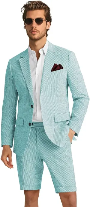 Mens 2 Piece Seersucker Slim Fit Beach Wedding Blazer & Short Pants Set Lightweight Two Button Striped Suit