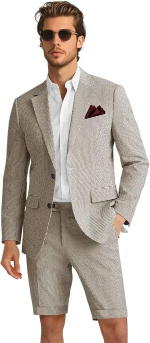 Mens 2 Piece Seersucker Slim Fit Beach Wedding Blazer & Short Pants Set Lightweight Two Button Striped Suit