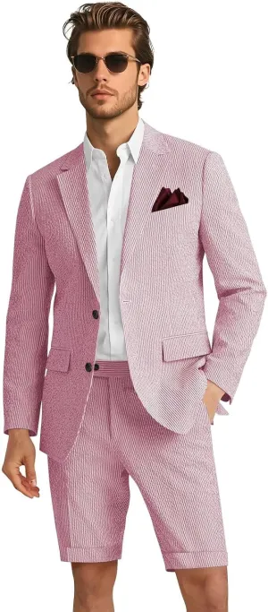 Mens 2 Piece Seersucker Slim Fit Beach Wedding Blazer & Short Pants Set Lightweight Two Button Striped Suit