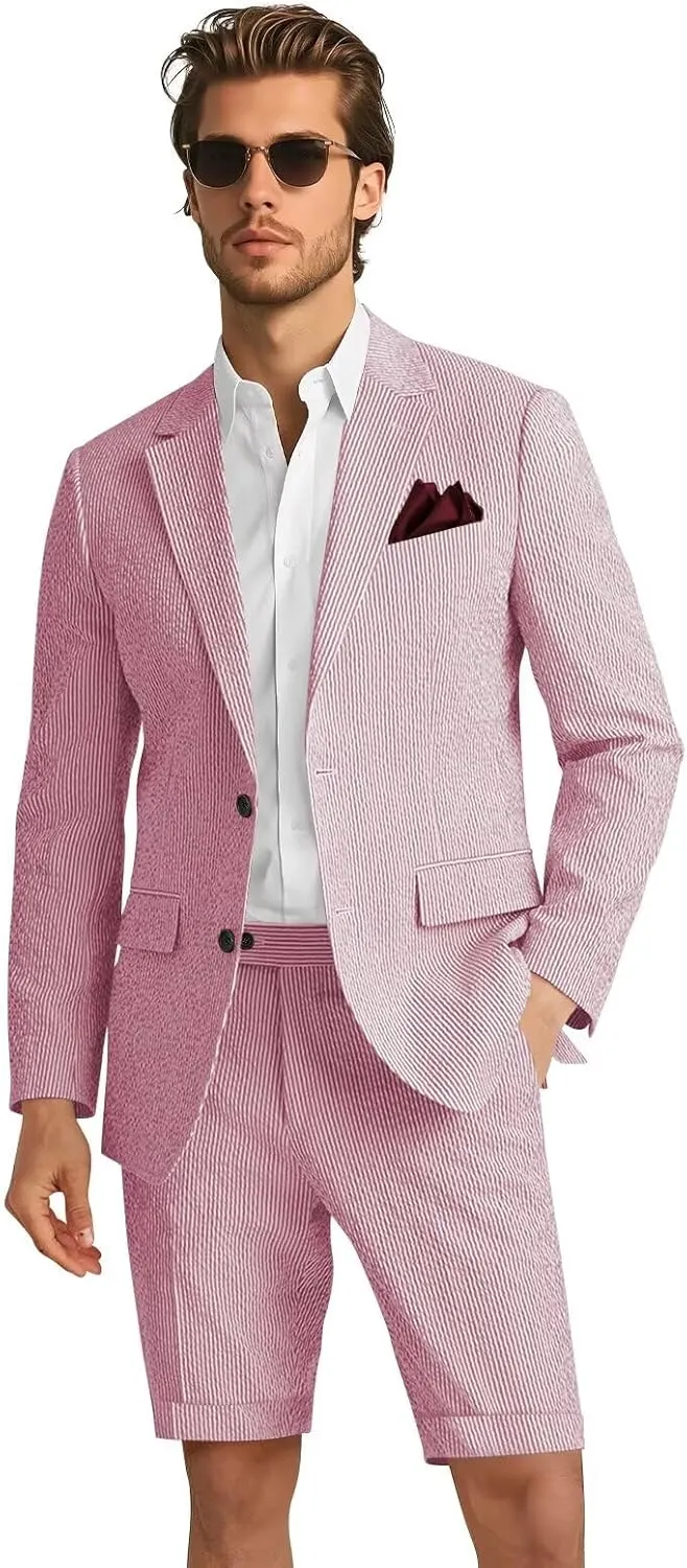 Mens 2 Piece Seersucker Slim Fit Beach Wedding Blazer & Short Pants Set Lightweight Two Button Striped Suit
