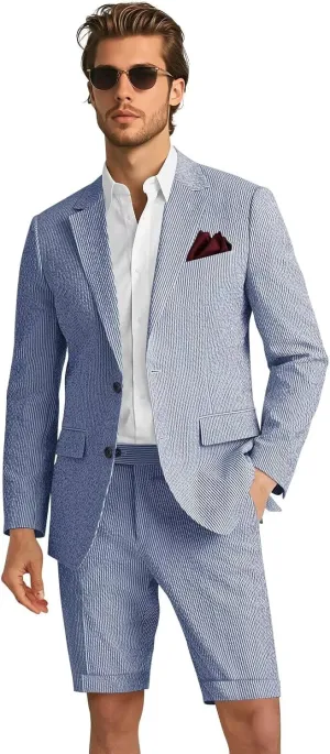 Mens 2 Piece Seersucker Slim Fit Beach Wedding Blazer & Short Pants Set Lightweight Two Button Striped Suit