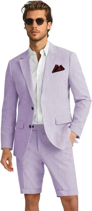 Mens 2 Piece Seersucker Slim Fit Beach Wedding Blazer & Short Pants Set Lightweight Two Button Striped Suit