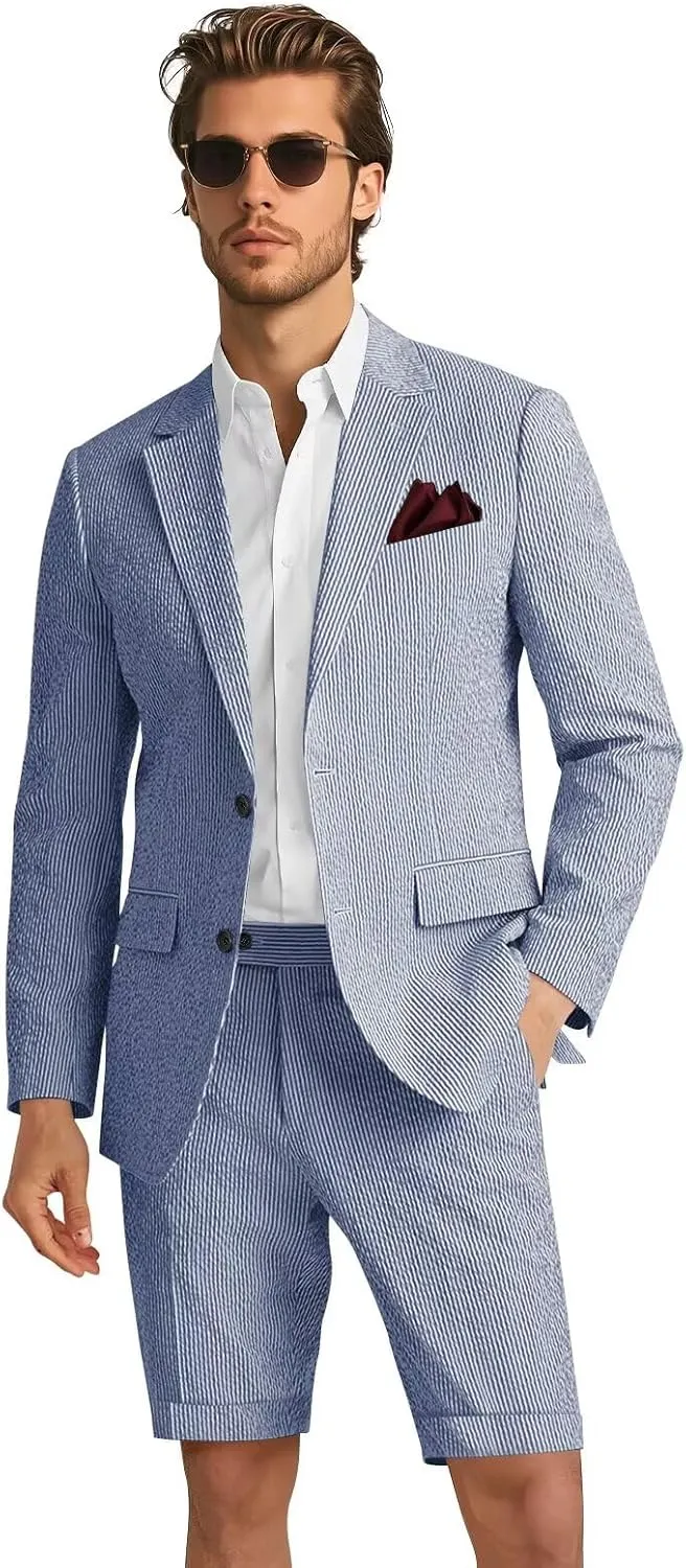 Mens 2 Piece Seersucker Slim Fit Beach Wedding Blazer & Short Pants Set Lightweight Two Button Striped Suit