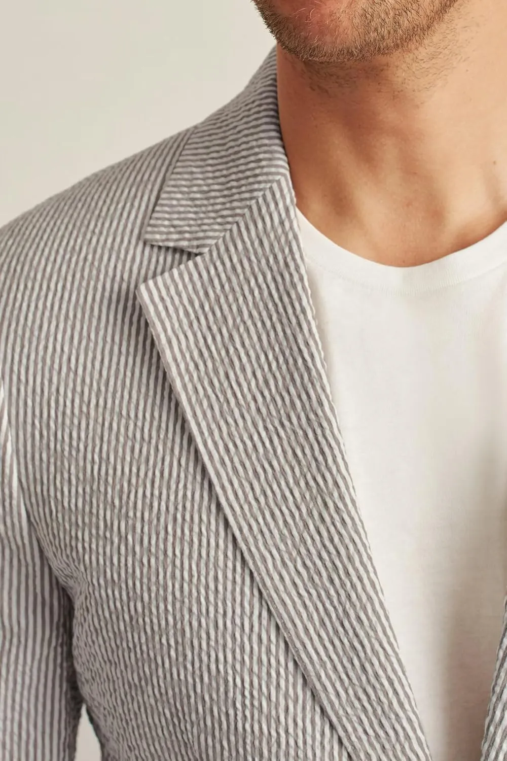 Mens 2 Piece Seersucker Slim Fit Beach Wedding Blazer & Short Pants Set Lightweight Two Button Striped Suit