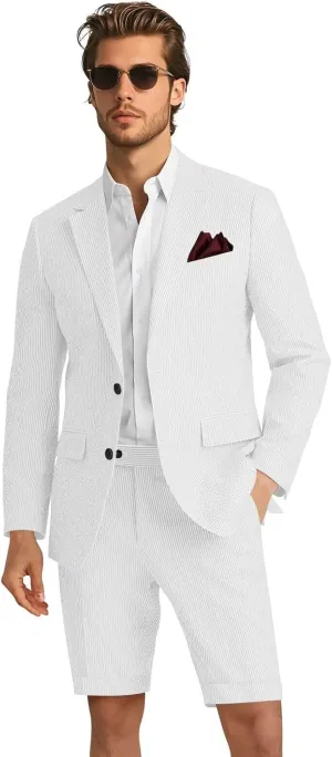 Mens 2 Piece Seersucker Slim Fit Beach Wedding Blazer & Short Pants Set Lightweight Two Button Striped Suit