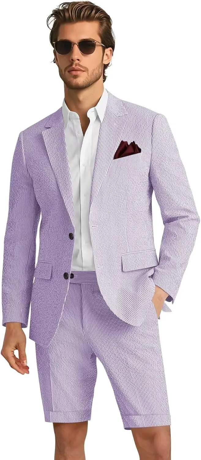 Mens 2 Piece Seersucker Slim Fit Beach Wedding Blazer & Short Pants Set Lightweight Two Button Striped Suit