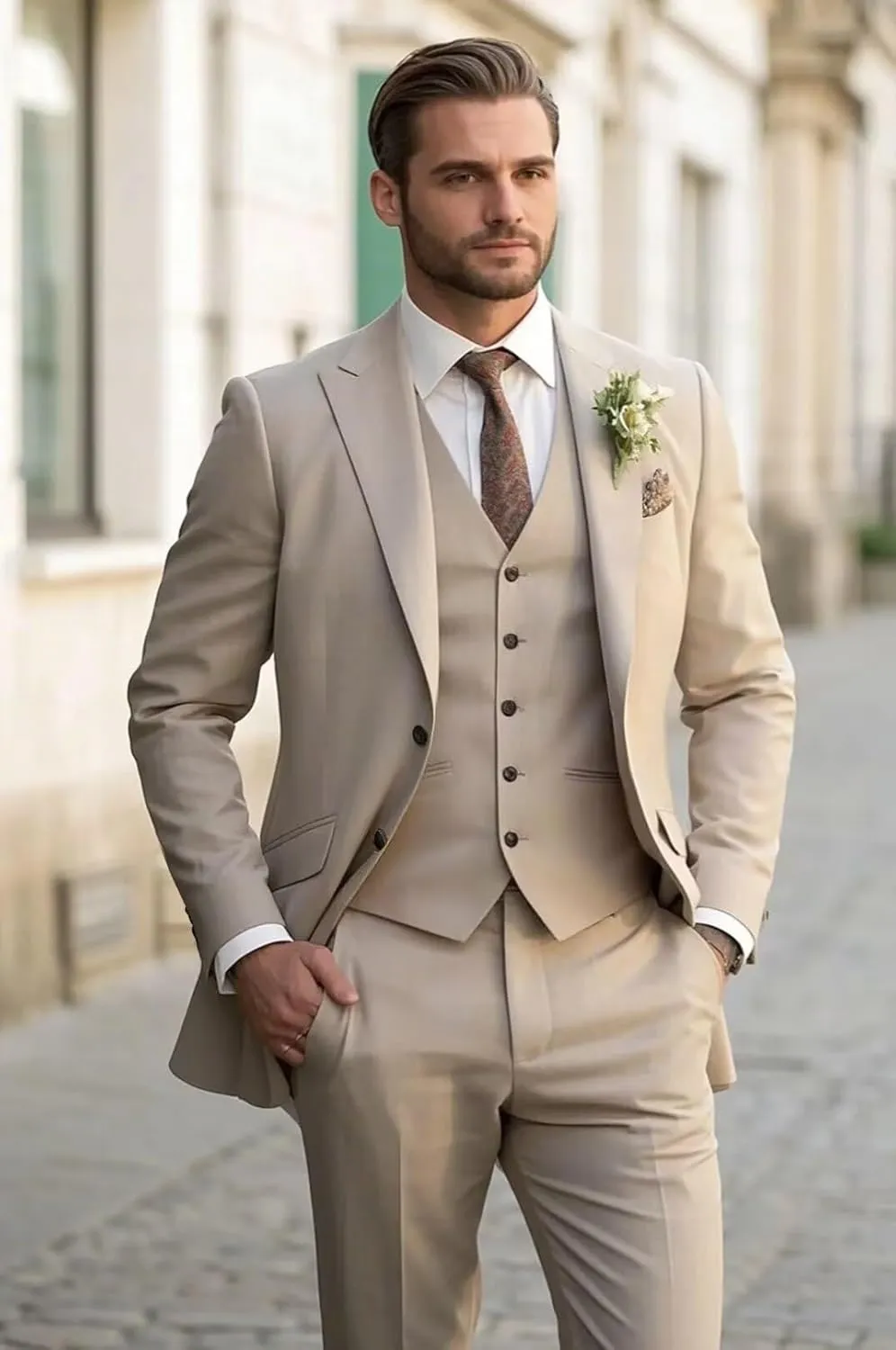 Mens 3 Piece Slim Fit Suit Elegant Wedding Suits for Men Two Button Blazer Suit Men Peak Lapel Prom Suits Set