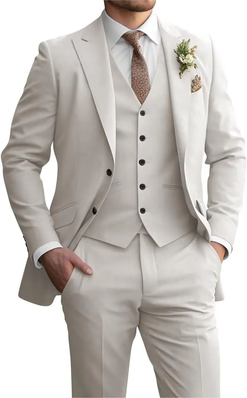 Mens 3 Piece Slim Fit Suit Elegant Wedding Suits for Men Two Button Blazer Suit Men Peak Lapel Prom Suits Set
