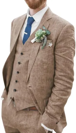 Mens 3 Pieces Summer Linen Suit Beach Wedding Suits Slim Fit Casual Linen Lightweight Suits Jacket Blazer Vest Pants