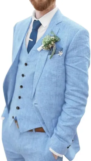 Mens 3 Pieces Summer Linen Suit Beach Wedding Suits Slim Fit Casual Linen Lightweight Suits Jacket Blazer Vest Pants