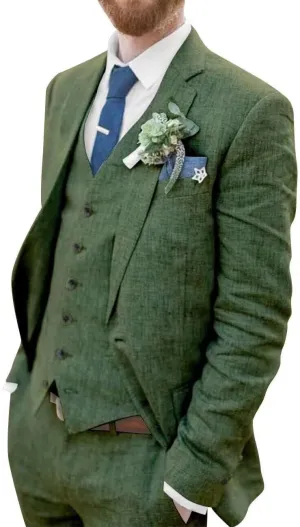 Mens 3 Pieces Summer Linen Suit Beach Wedding Suits Slim Fit Casual Linen Lightweight Suits Jacket Blazer Vest Pants