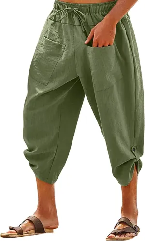 Mens Big and Tall Linen Harem Capri Pants Lightweight Loose Fit 3/4 Short Drawstring Elastic Waist Baggy Yoga Trouser