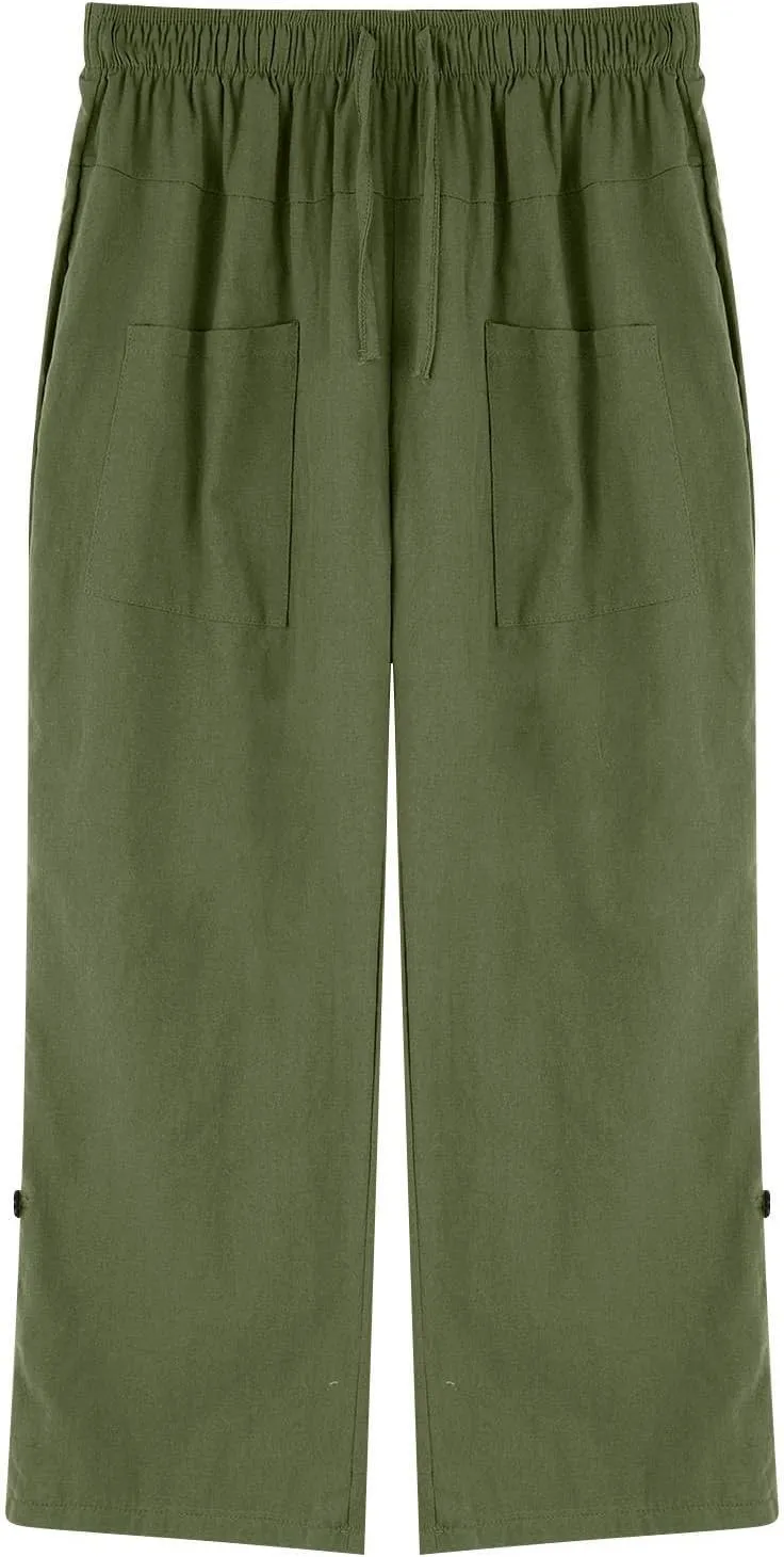 Mens Big and Tall Linen Harem Capri Pants Lightweight Loose Fit 3/4 Short Drawstring Elastic Waist Baggy Yoga Trouser