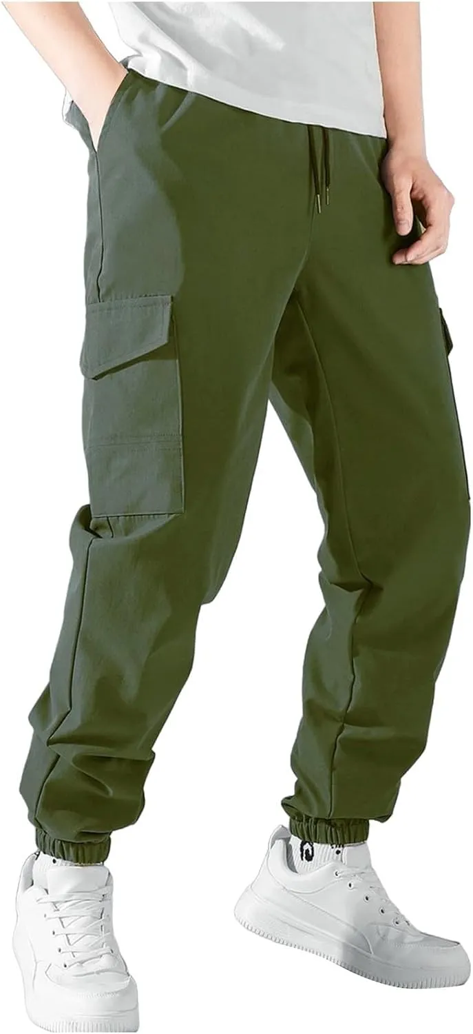 Men's Cargo Pants Drawstring Elastic Waist Jogger Multi Pockets Summer Hiking Stretch Stylish Baggy Athletic Trousers