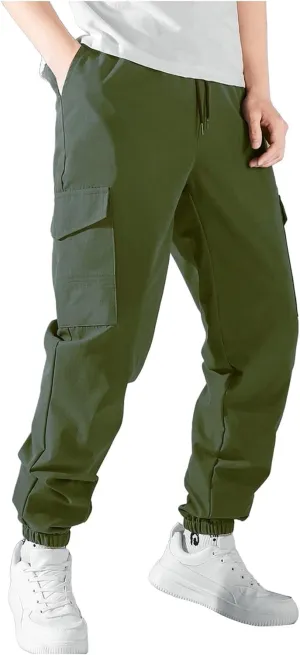 Men's Cargo Pants Drawstring Elastic Waist Jogger Multi Pockets Summer Hiking Stretch Stylish Baggy Athletic Trousers