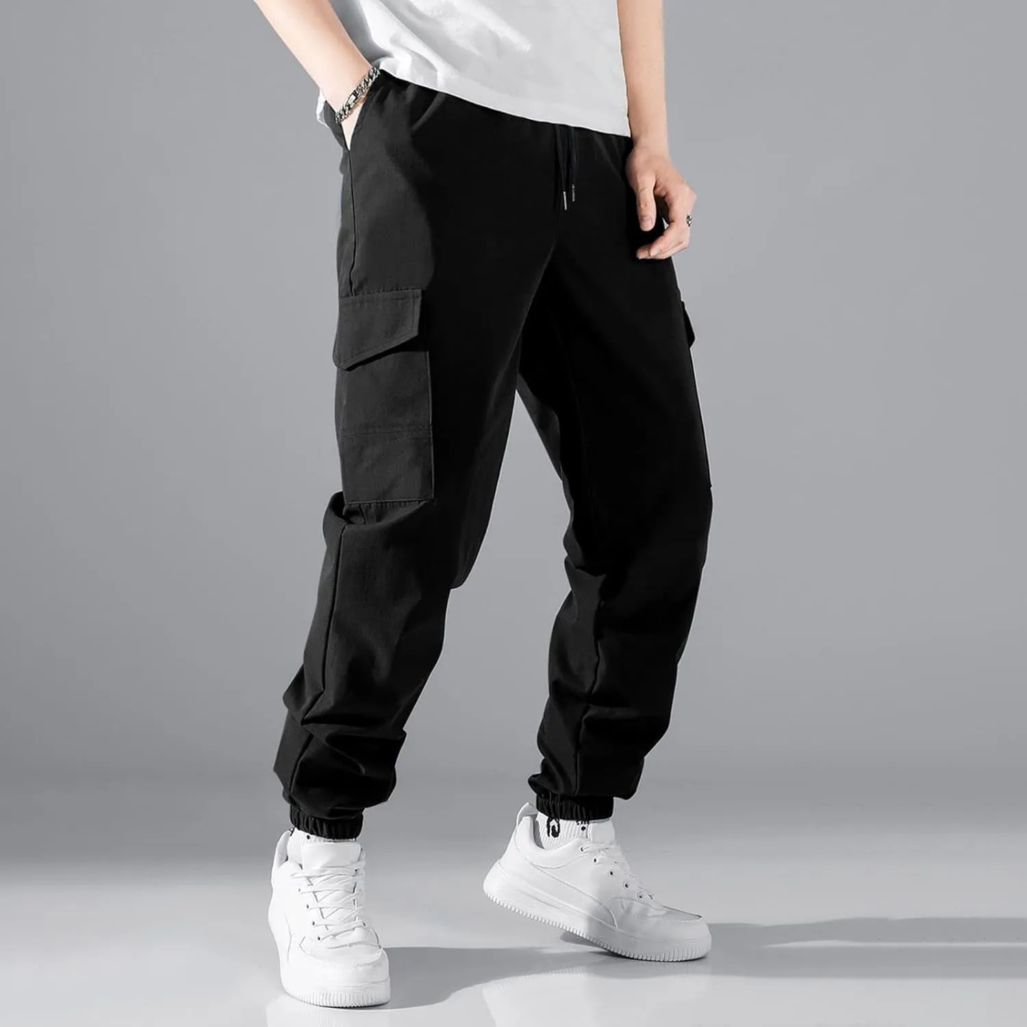 Men's Cargo Pants Drawstring Elastic Waist Jogger Multi Pockets Summer Hiking Stretch Stylish Baggy Athletic Trousers