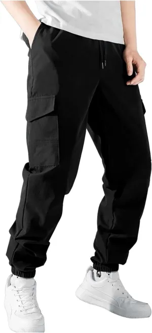 Men's Cargo Pants Drawstring Elastic Waist Jogger Multi Pockets Summer Hiking Stretch Stylish Baggy Athletic Trousers