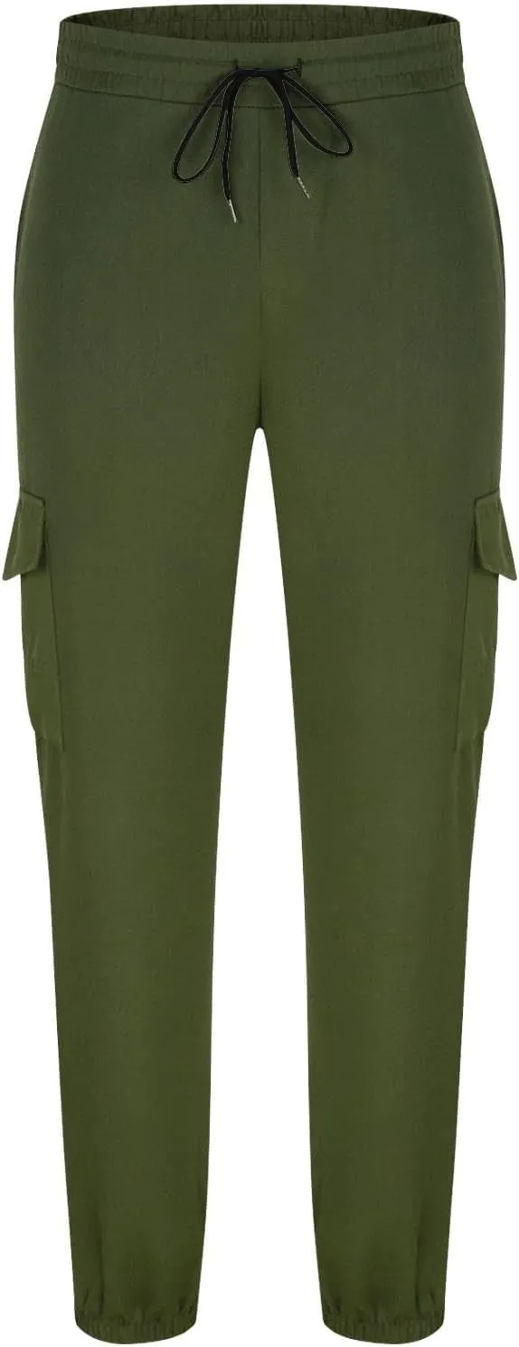 Men's Cargo Pants Drawstring Elastic Waist Jogger Multi Pockets Summer Hiking Stretch Stylish Baggy Athletic Trousers