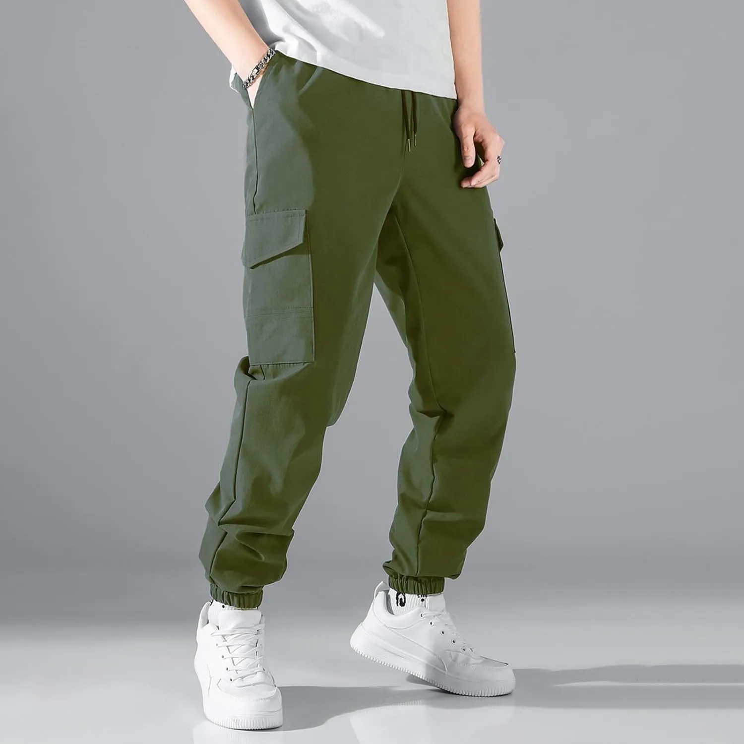 Men's Cargo Pants Drawstring Elastic Waist Jogger Multi Pockets Summer Hiking Stretch Stylish Baggy Athletic Trousers
