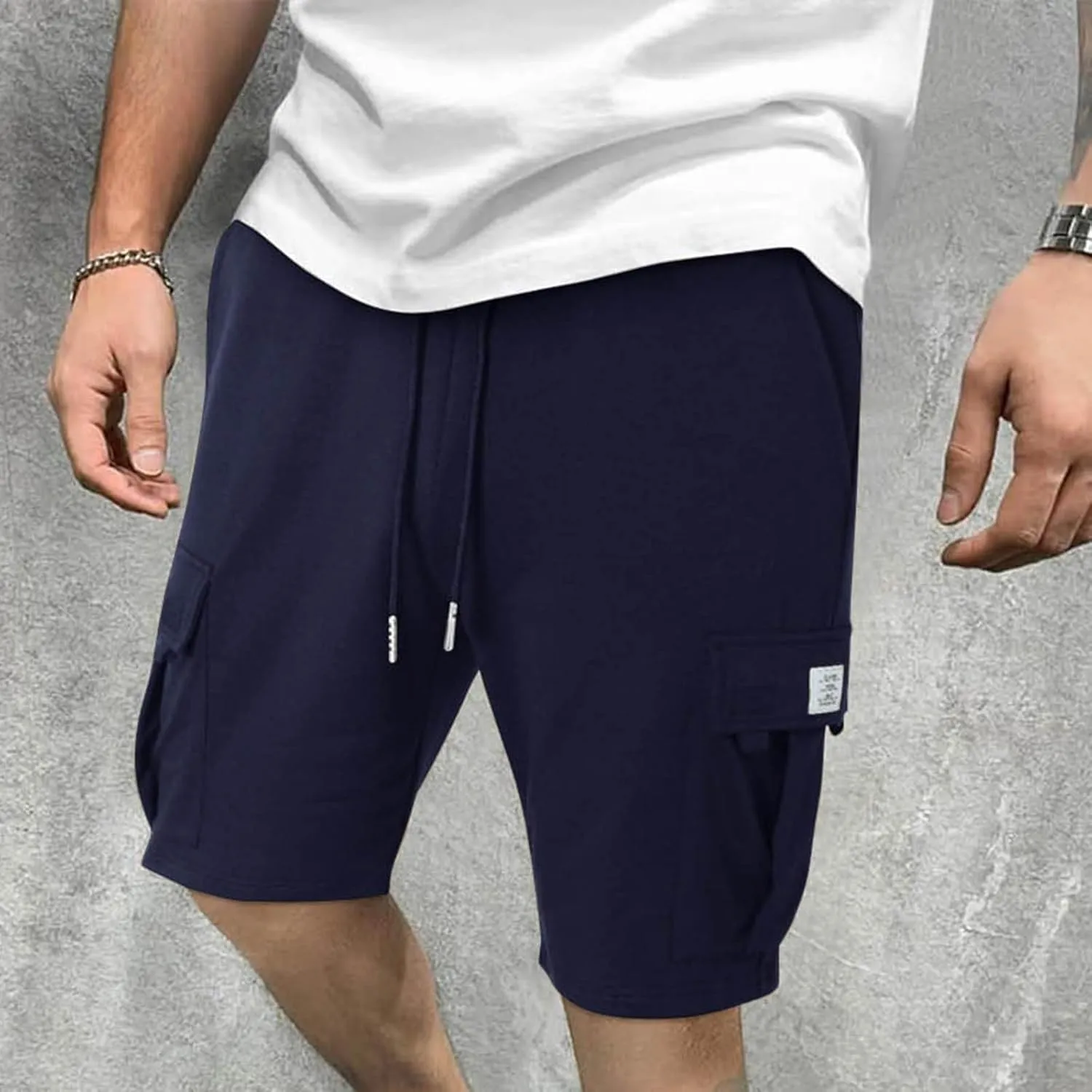Mens Cargo Shorts Summer Cotton Knee Length Sweat Shorts Drawstring Stretch Waist Athletic Workout Gym Jogger Shorts