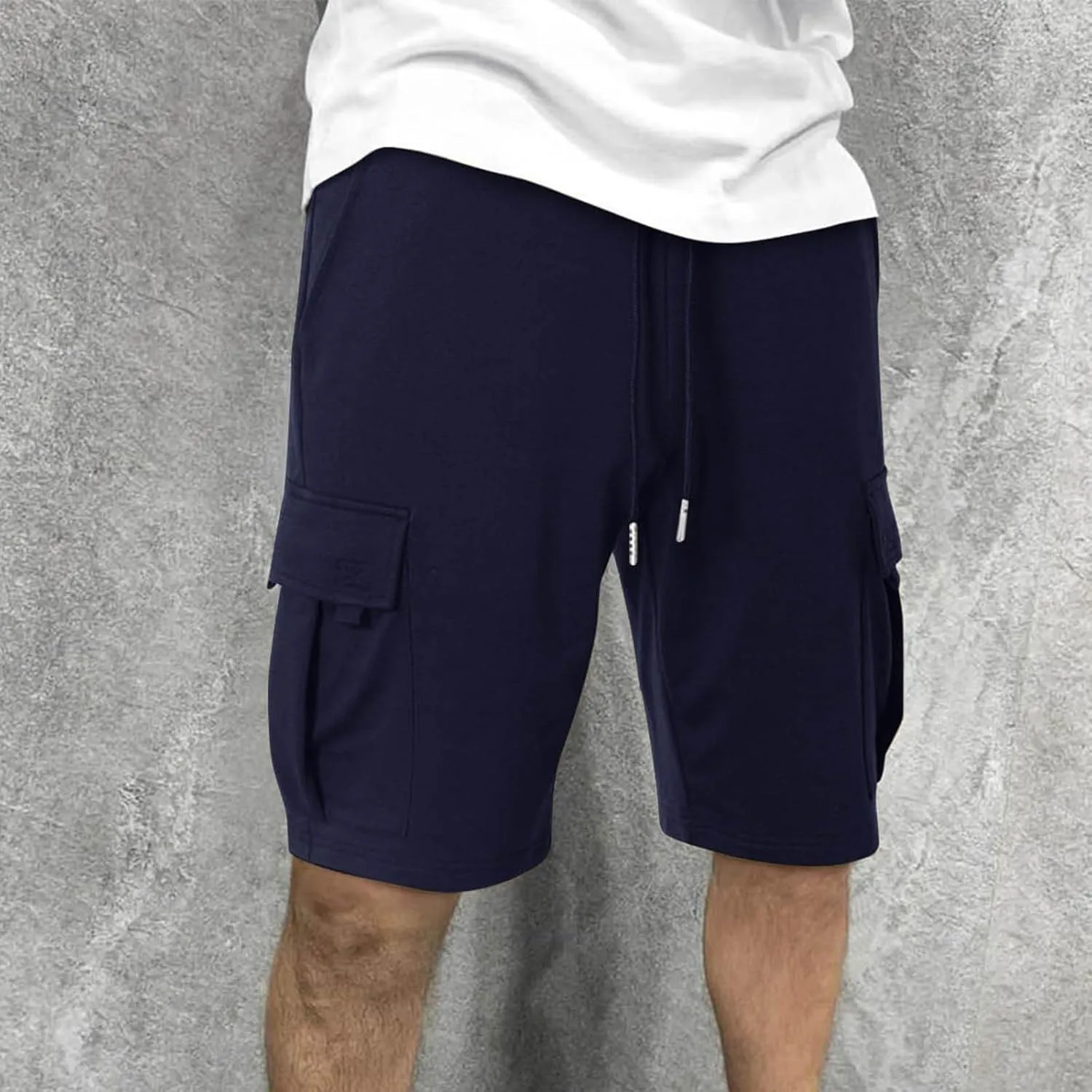Mens Cargo Shorts Summer Cotton Knee Length Sweat Shorts Drawstring Stretch Waist Athletic Workout Gym Jogger Shorts