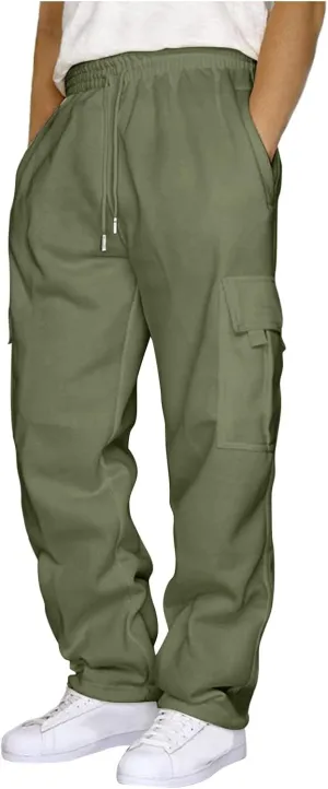 Mens Cargo Sweatpants Baggy Tactical Workout Trouser Athletic Straight Jogger Open Leg Big Tall Pants with Pockets