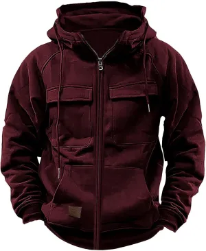 Mens Casual Hooded Sweatshirt Jacket Multi-Pocket Vintage Workwear Jacket Solid Color Long Sleeve Zipper Jacket