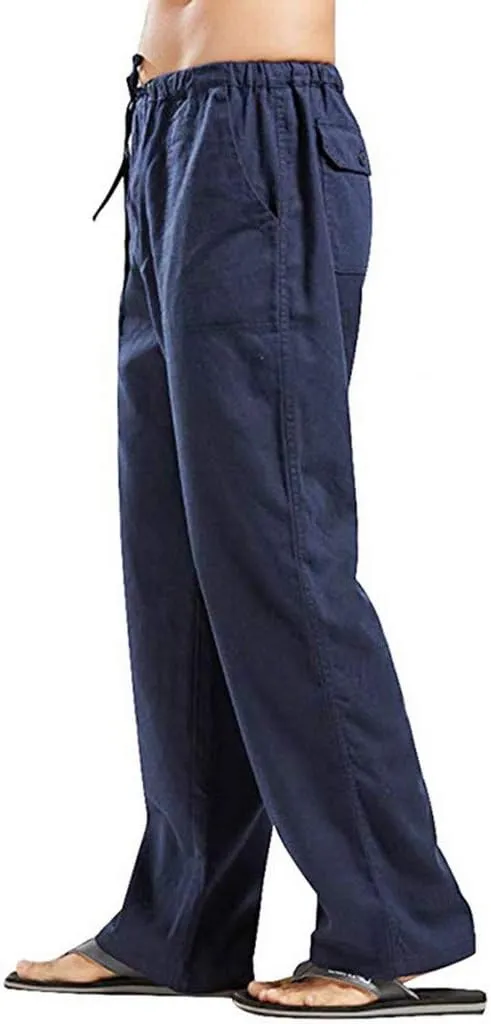 Mens Casual Linen Pants Extra Tall Summer Elastic Waist Straight Leg Loose Fit Beach Trousers Big and Tall Slacks