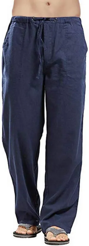 Mens Casual Linen Pants Extra Tall Summer Elastic Waist Straight Leg Loose Fit Beach Trousers Big and Tall Slacks