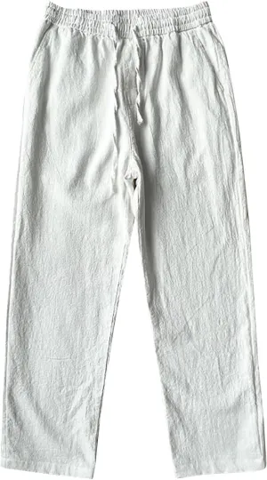 Mens Casual Linen Pants Loose Fit Straight Leg Elastic Waist Drawstring Trousers Summer Solid Beach Yoga Trouser