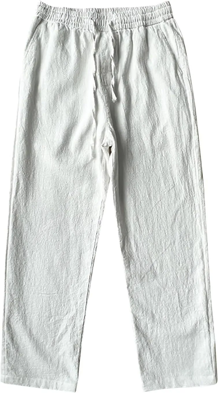 Mens Casual Linen Pants Loose Fit Straight Leg Elastic Waist Drawstring Trousers Summer Solid Beach Yoga Trouser