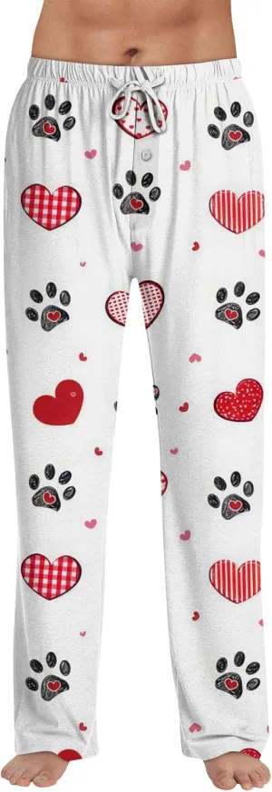 Mens Causal Pajama Pants For Fashion Heart Print Lightweight Baggy Straight Fit Soft Drawstring Pj Bottoms