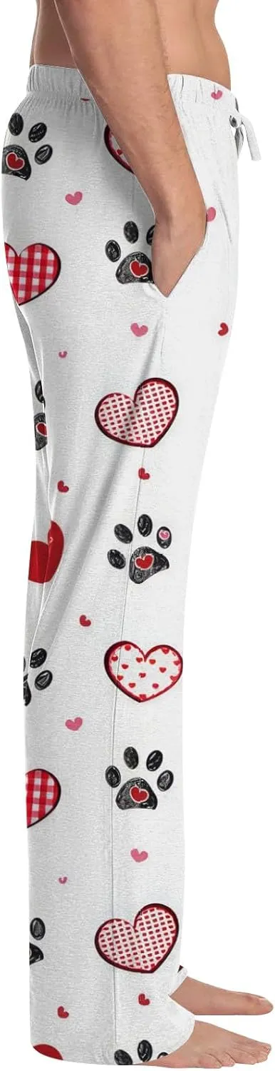 Mens Causal Pajama Pants For Fashion Heart Print Lightweight Baggy Straight Fit Soft Drawstring Pj Bottoms